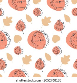 Vector autumn seamless pattern  on a light background. A hedgehog, autumn leaves and branches. Flat and doodle. Orange, yellow and grey-blue. Suitable for cards,  invitations, paper and others