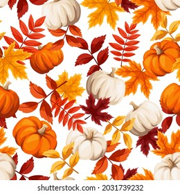 Vector autumn seamless pattern with orange, brown and yellow autumn leaves and orange and white pumpkins.