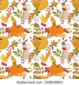 Vector autumn seamless pattern with orange, beige, and yellow pumpkins, forest leaves, and red berries. Isolated on white background. Autumn harvest illustration. Thanksgiving wallpaper.