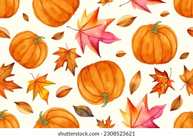 Vector autumn seamless pattern with orange autumn leaves and orange and watercolor pumpkins.