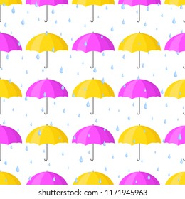 Vector autumn seamless pattern with pink and yellow umbrellas in the rain isolated on the white background.