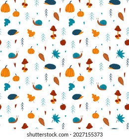 Vector autumn seamless pattern with pumpkin, rowan, spruce, acorn, mushrooms, hedgehog, leaves, snail, apple, rain, heart, fly agaric in hand drawn childish style for for baby apparel, textile and
