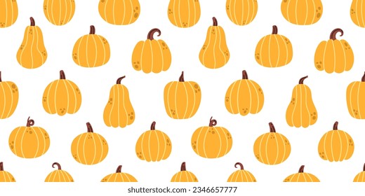 Vector autumn seamless pattern with pumpkins. Yellow autumn pumpkins on white background. Thanksgiving seamless pattern in flat design. Fall print with cute pumpkins.