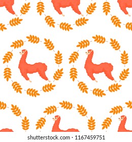 Vector autumn seamless pattern with red jumping lama in the circle of rowan yellowed leaves isolated on the white background.