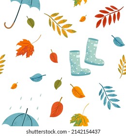 Vector autumn seamless pattern with rubber boots, umbrella, foliage and floral elements. Repeated fall texture. Cozy hand drawn seasonal background.