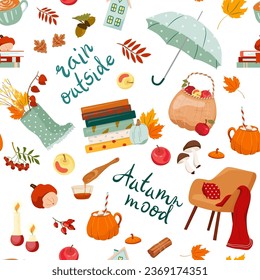 Vector autumn seamless pattern with rubber boots, umbrella, pumpkin, foliage and floral elements. Repeated fall texture. Cozy hand drawn seasonal background.