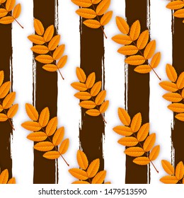 Vector autumn seamless pattern with vertical brown brush strokes and yellow rowan leaves isolated on the white background. Vintage texture.