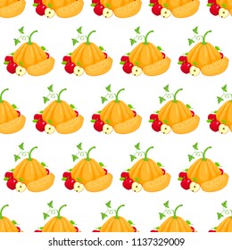 Vector autumn seamless pattern. Whole pumpkins with slices and apples isolated on the white background.