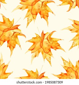 Vector Autumn Seamless Pattern. Yellow and Red Watercolor Textured Maple Leaves. Fall Art Background.