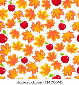Vector autumn seamless pattern with yellowed maple leaves with red apple isolated on the white background.