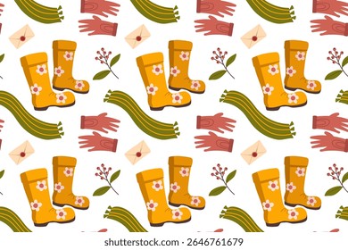 Vetor outono sem emenda padrões. Ilustração com abóboras, botas de borracha, cachecol e luvas. Uso para papel, capa, embrulho para presente, tecido