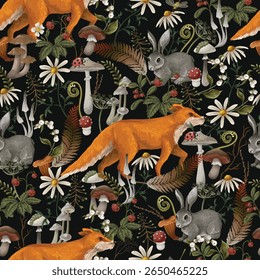 Vector autumn seamless wood pattern with fox, rabbit and mushrooms.