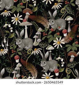 Vector autumn seamless wood pattern with rabbits, mushrooms and flowers.
