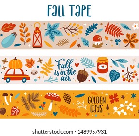 Vector autumn seasonal masking tapes with falling leaves, mushrooms, berries, vehicle and autumn letterng phrases. Seamless fall boarder with floral elements and seasonal symbols.