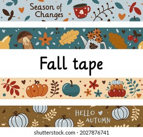 Vector autumn seasonal masking tapes with falling leaves, mushrooms, berries, and autumn letterng phrases. Seamless fall boarder with floral elements and seasonal symbols.