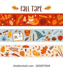 Vector autumn seasonal masking tapes with falling leaves, mushrooms, vegetables, sleeping fox. Seamless fall border with floral elements and seasonal symbols. Fall backgrounds. Harvest festival.