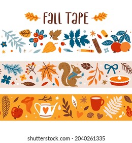 Vector autumn seasonal masking tapes with falling leaves, apples, pumpkin pie, and cute squirrel. Seamless fall border with floral elements and seasonal symbols.