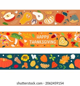 Vector autumn seasonal masking tapes with falling leaves, mushrooms, berries, pumpkins, apples, pears and physalis. Seamless fall boarder with floral elements and seasonal symbols.