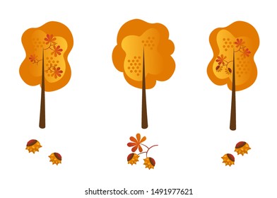 Vector autumn set of cartoon flat chestnut trees and chestnuts. Simple primitive drawing style