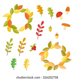 Vector Autumn set. Collection with autumn signs: acorns,  mushrooms, oak leafs. 