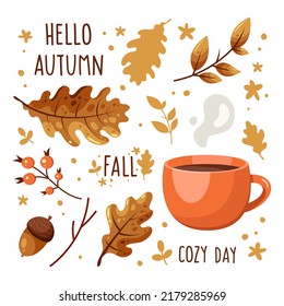 Vector autumn set of cozy illustration. A cup of coffee, yellow leaves and more.
