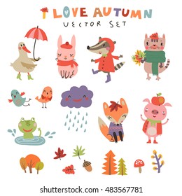 Vector autumn set with the cute animals