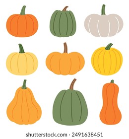 Vector otoño conjunto de calabaza dibujada lindo en colores naranja, amarillo, verde y gris