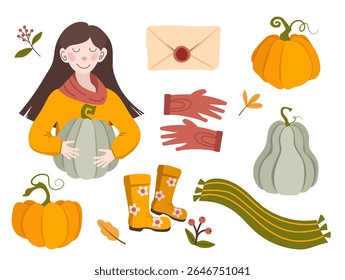 Vector autumn set. Cute girl in warm autumn clothes holding a pumpkin. Scarf, boots, gloves. Flat illustration in cartoon style.