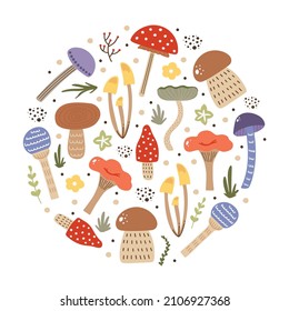 Vector autumn set with cute mushrooms, leaves and natural elements placed in a circle