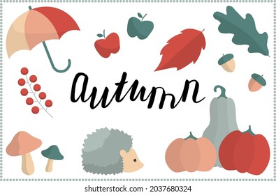 Vector autumn set for a cute postcard, logo, for the decoration of the children's room, for invitations, greeting cards.