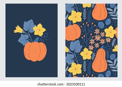 Vector autumn set with cute pumpkin, pumpkin flowers and autumn plants. 