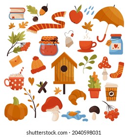 Vector autumn set in a flat style. Autumn collection of stickers. Set of cute autumn cartoon element. Autumn. Collection of scrapbook elements for party, fall festival or thanksgiving day