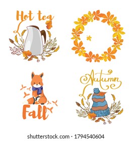 Vector autumn set: fox, wreath of leaves, illustration with a hat and a teapot.