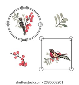 Vector autumn set of frames. Barberry, forest bird, red berries. Fashionable print, Blank for designer, print, logo, label