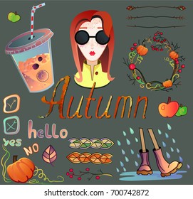 Vector autumn set with girl, pumpkin, apples and autumn leaves. Fall clipart. Vector illustration.