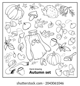 vector autumn set hand drawn doodles, black and white, with leaves, animals, pumpkins, mushrooms and other objects. Isolated on white background. eps10