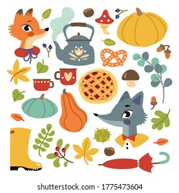 Vector autumn set of icons: cute fox and wolf, pie, pumpkin, autumn floral plants, teapot and cups. Scrapbooking set with cartoon characters and falling leaves. Seasonal collection with animal.