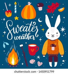 Vector autumn set of icons: white rabbit in knitted sweater, bonfire, s'more, pumpkin, caramel apple, milk and cookies. Sticker set with cute bunny. Night background with cozy elements. Autumn card.