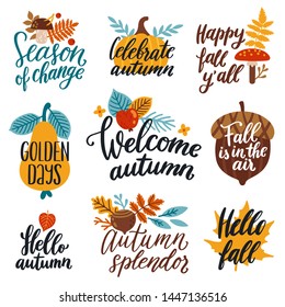 Vector autumn set of labels and hand written phrases "Happy fall y'all", "Welcome autumn", "Hello fall". Collection of scrapbooking elements for harvest party. All elements are isolated on white.