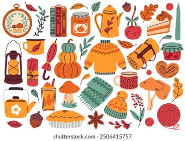 Vektorherbstsatz. Blätter, Eicheln, Pullover, Schal, Kürbisse, Kerzen, Kuchen, Marmelade und Teekanne. Sammlung von Herbstelementen für Aufkleber, Scrapbooking und Muster. Handgezeichneter Stil. Hallo, Herbst. 