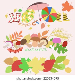 Vector autumn set with leaves, umbrellas and mushrooms