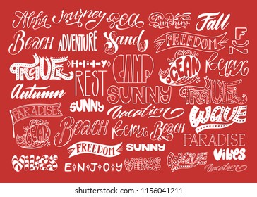 Vector autumn set, lettering fall calligraphy. Wave, happy, holiday, beach, rest, sand, sea, vibes, paradise enjoy ocean travel relax aloha vacation sunny camp freedom journey adventure