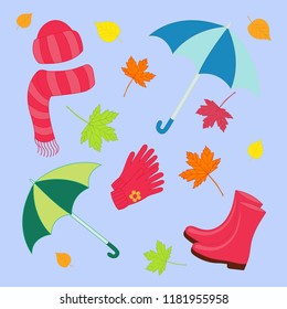 Vector autumn set on blue background: hat with scarf, gloves, umbrellas, leaves