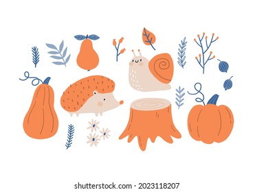 Vector autumn set pattern with cute pumpkin, pumpkin flowers and autumn plants. Cute hedgehogs, snail cartoon characters