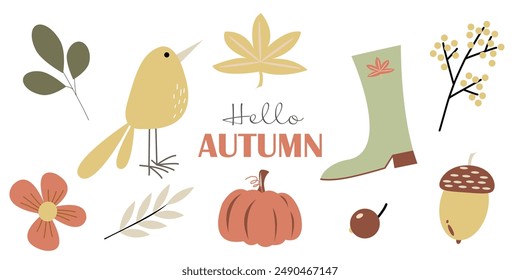 Vector autumn set of pumpkin, bird, berries, boots, nuts and leaves on white background. Hello autumn