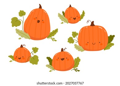 Vector autumn set of pumpkins with leaves. Cute happy characters isolated on white background