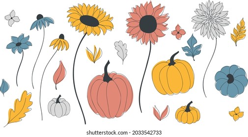 Vector autumn set with red, blue, and yellow doodle elements of pumpkins, leaves, flowers, sunflowers. Hello, autumn. Collections of elements for decoration, design, greeting cards, invitations, and