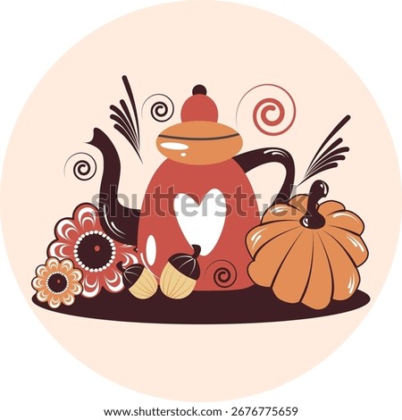 Vector Autumn Set with Red Teapot, Pumpkin, nuts, flowers and Rowan Berries. Cozy autmn illustration for greeting card. Autumn food and hot drinks round composition. 