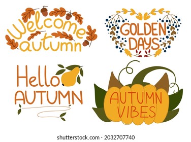 Herbstsatz von Aufklebern und handgeschriebenen Phrasen.Sammlung von Scrapbooking-Elementen für Ernte und Herbst. Einzeln auf weißem Hintergrund.