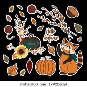 Vector autumn set of stickers. PUMPKINS AND BRANCHES. Autumn leaves. Children's print for textiles and clothing. Product design.